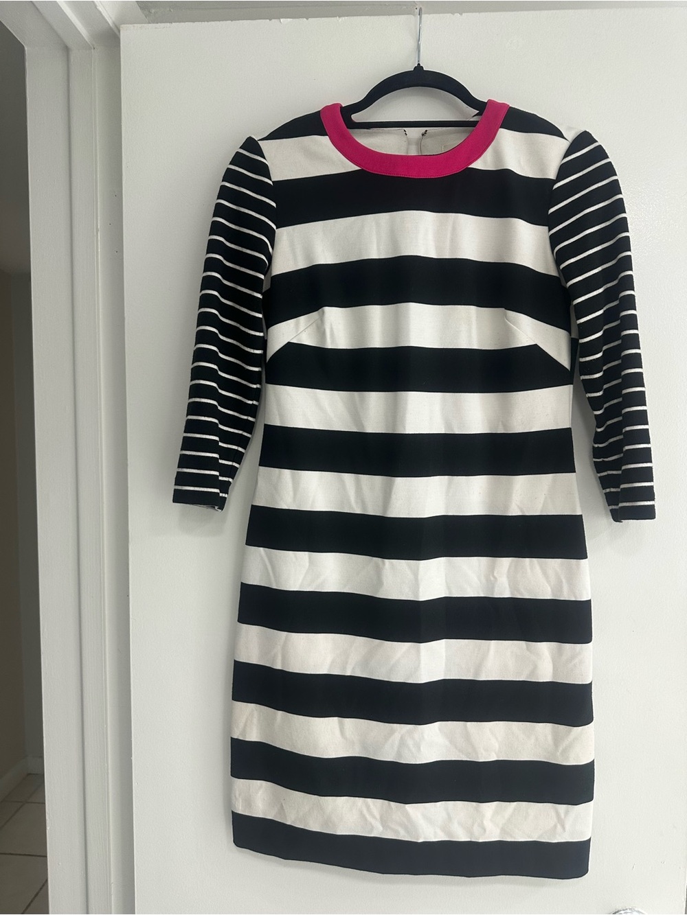 Eliza J Black and White Striped Long Sleeve Dress with Pink Neckline